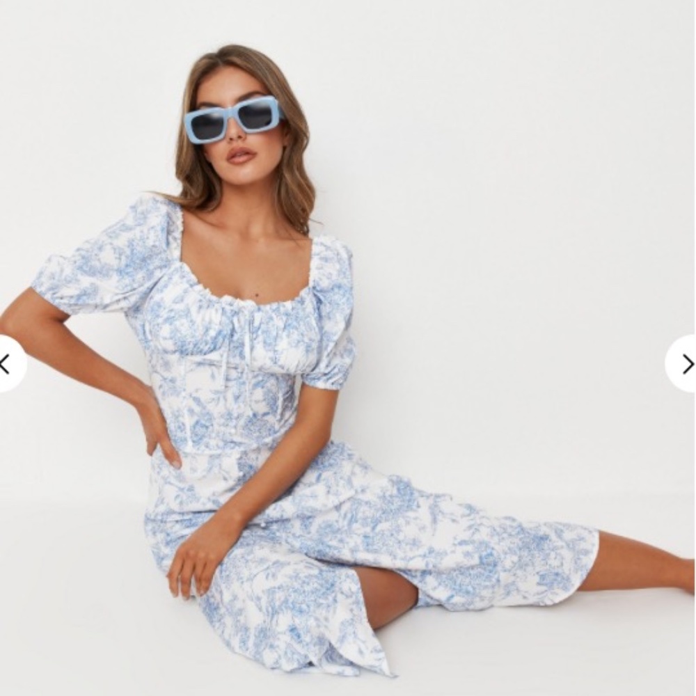 blue floral button front milkmaid midi dress